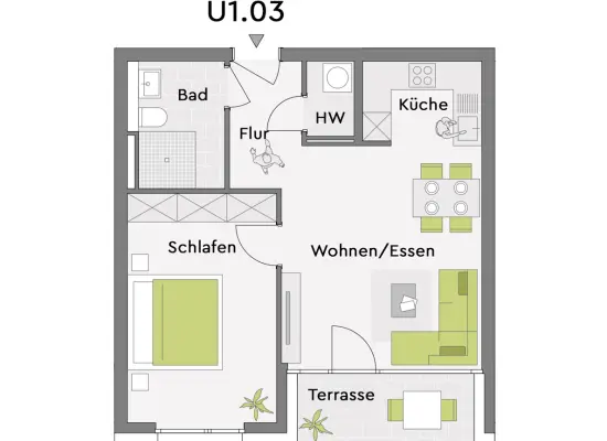 2 Zi. im EG, U1.03der Immobilien: Attraktive 2-Zi.-Neubauwohnung in Weinstadt (Grundriss)